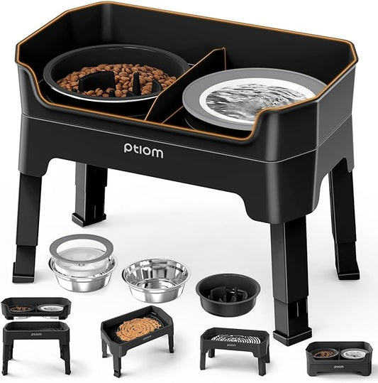 4-in-1 Elevated Slow Feeder Dog Bowls, 4 Height Adjustable Mess Proof Raised Dog Bowl Stand with No Spill Water Bowl, Stainless Steel Doggy Food Dish & Slow Feeder for Large Medium Small Pets