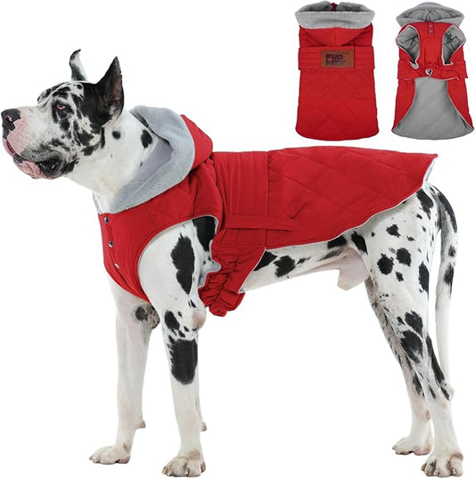 FUAMEY Large Dog Winter Coat Waterproof, Fleece Lined Dogs Jacket Adjustable, Warm Pup Snowsuit Winter Outdoor, Hooded Vest with Harness Hole, Easy On Doggy Outfits (Red, 3XL)