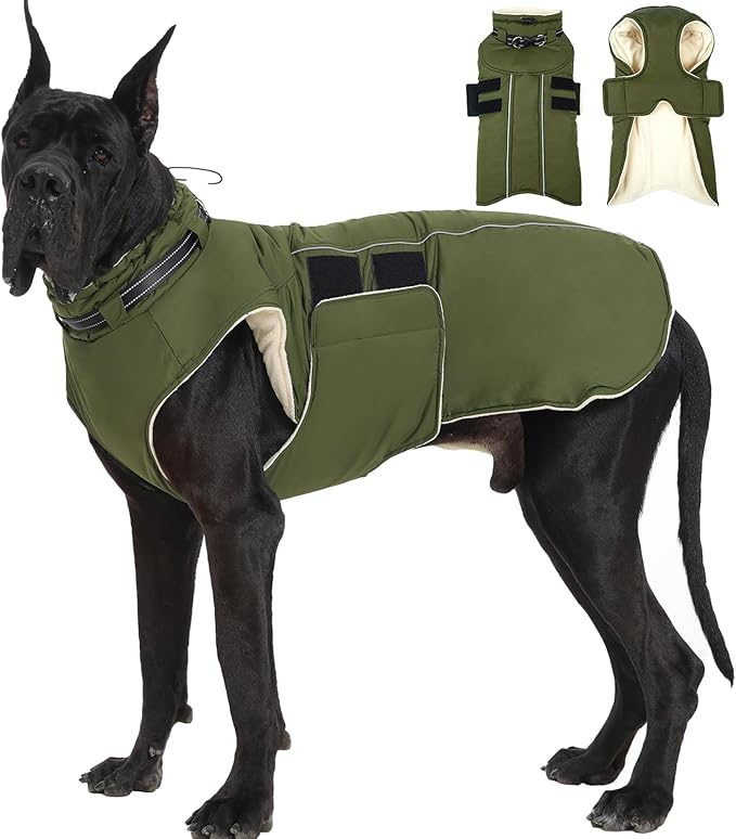 Dog Coats for Extra Large Dogs Winter Waterproof Jacket with Harness Reflective Adjustable Hook&Loop Snowsuit for Cold Weather, Warm Snow Jackets for Dogs Great Dane Saint Bernard, 5XL Green