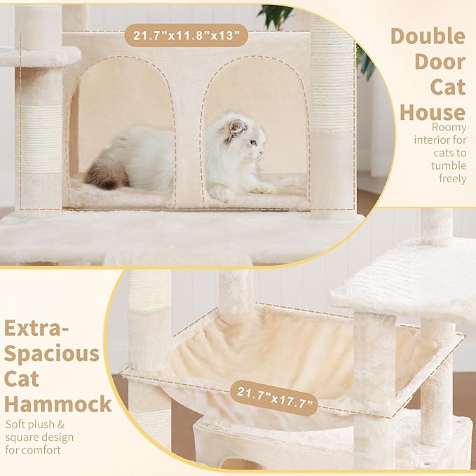 Heybly Tall Cat Tree for Large Cat, 80-inch Multi-Level Cat Tower for Indoor Cats with Large Baseboard, Condo Furniture with 2 Widened Plush Perches,Scratching Board and Big Caves, Beige HCT038M