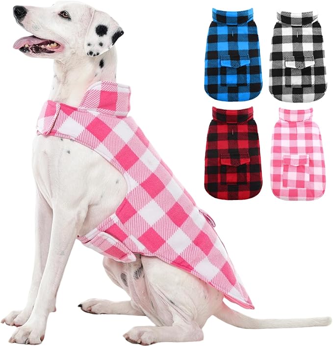 Kuoser Dog Winter Coat, Windproof Dog Fleece Jacket British Style Plaid Cold Weather Doggie Vest Coats, Reversible Cozy Warm Pet Clothes Apparel for Extra Large Size Dogs XXL