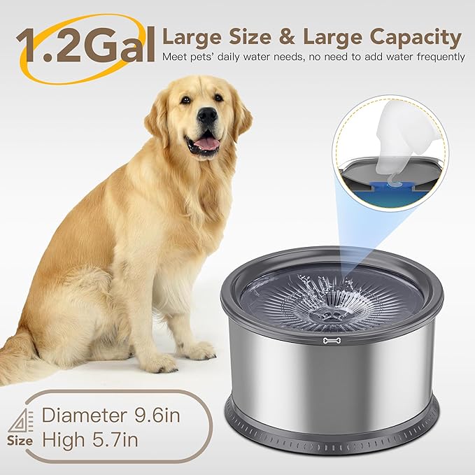 4.5L/1.2Gal Dog Water Bowl, No Spill Stainless Steel Slow Water Bowl for Medium Large Dogs, Large Capacity Splash Proof Slow Drinking Water Bowls with Anti-Slip Mat for Mess Drinkers, Gray