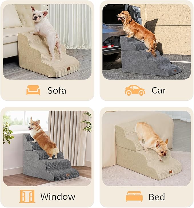 Made4Pets Dog Stairs Ramp for Small Dogs, 3-Step Dog Steps for Bed Couch Sofa and Chair, 35D Foam Pet Steps for Small Dogs and Cats, Non-Slip Bottom Pet Stairs, Beige