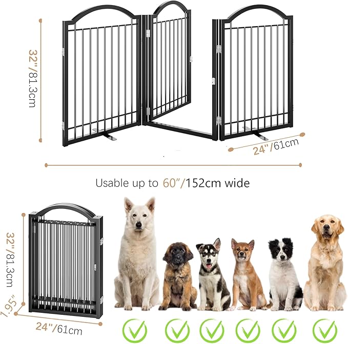 BHG Metal No-Assembly Freestanding Dog Gate with Door Walk Through, Extra Wide 72", Extra Tall 32" Pet Gate, Accordion Puppy Folding Playpen Dog Fence, with 2PCS Support (Black, 3 Panels)
