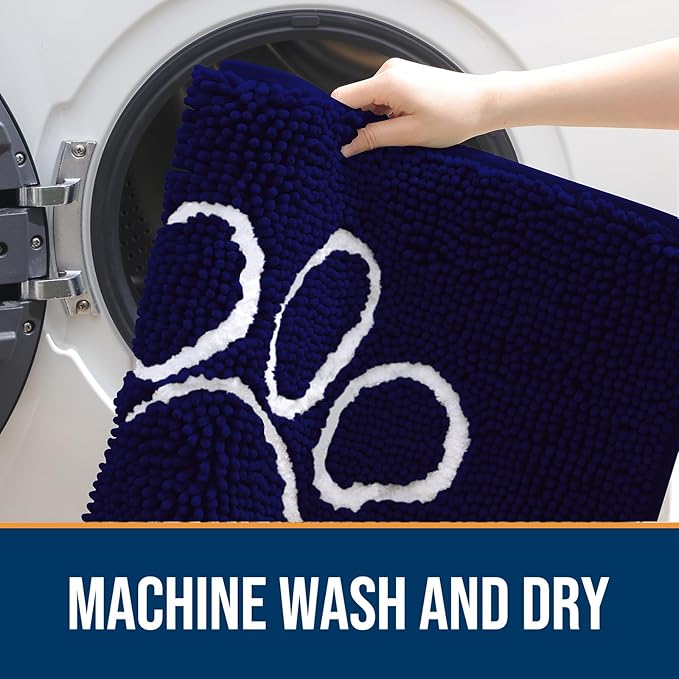 OLANLY Dog Door Mat for Muddy Paws 40x32, Paw Print Design, Absorbs Moisture and Dirt, Absorbent Non-Slip Washable Doormat, Quick Dry Chenille Mud Mat for Dogs, Entry Indoor Entryway Carpet, Navy Blue