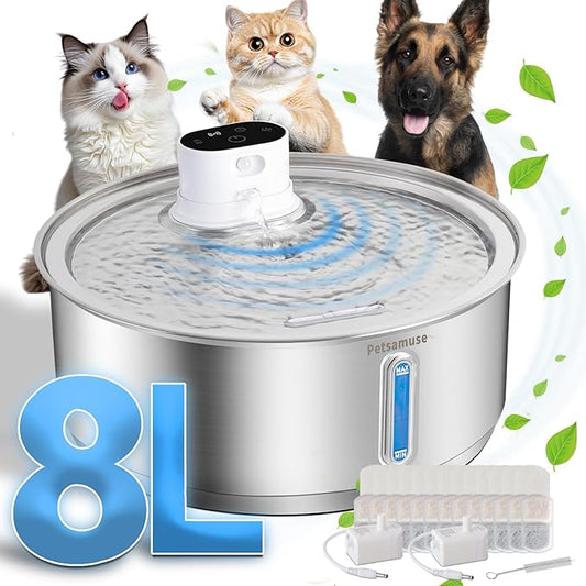 Wireless Dog Water Fountain, Petsamuse 5000mah Battery Operated Water Fountain for Dogs, 2.1Gal/8L Stainless Steel Cat Water Fountains for Cats & Dogs, Ultra-Quiet Water Bowl Dispenser with 13 Filters