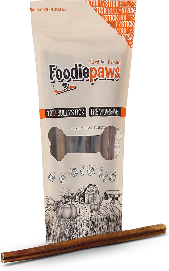 FOODIEPAWS 12 Inch Jumbo Bully Sticks for Dogs, 10 Pack Bulk | All Natural, Grass-Fed Beef | Rawhide-Free, Odor-Free, Fully Digestible & Long Lasting Dog Chews | for Large Breeds & Aggressive Chewers