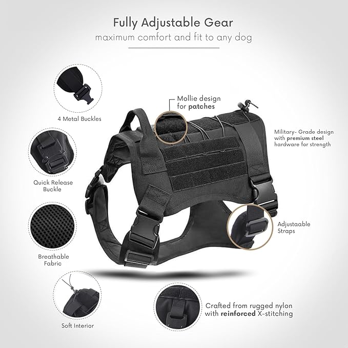 Tactical Dog Harness with Handle Collar and Leash Set Dog Vest Harness No Pull Dog Harness with Patches Adjustable Buckles for Dogs (Black, Extra Large)