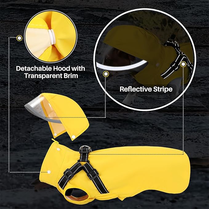 SlowTon Dog Raincoat Waterproof - Dog Rain Jacket with Harness and Hood Lightweight, Reflective Dogs Rain Coat for Large Medium Small Dogs Girl Boy Puppy Poncho Pet Clothes (Yellow, XL)