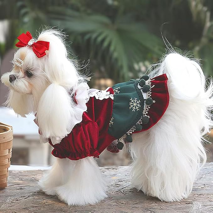 MengYu Princess Dresses for Small Dog Lolita Clothes for Cat Velvet Costume Pretty Lace Outfits Fall Costumes (Red&Green, L)