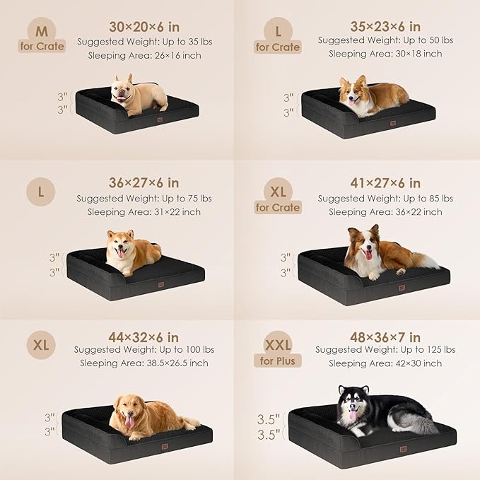 EHEYCIGA Memory Foam Dog Bed Medium Sized Dogs, Waterproof Dog Bed Orthopedic with Washable Removable Cover, Non-Slip Pet Bed Couch for Crate, 30x20x6 Inches, Black