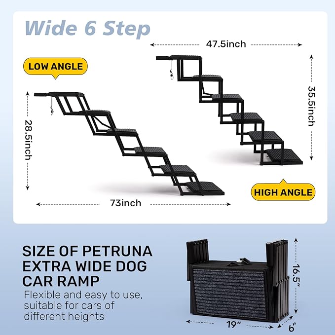 Extra Wide Dog Steps for Car, Truck and SUV - Foldable Pet Stairs for Large Dogs with Non-Slip Rug Surface, Lightweight Dog Ramp Holds Up to 250lbs, 6 Steps