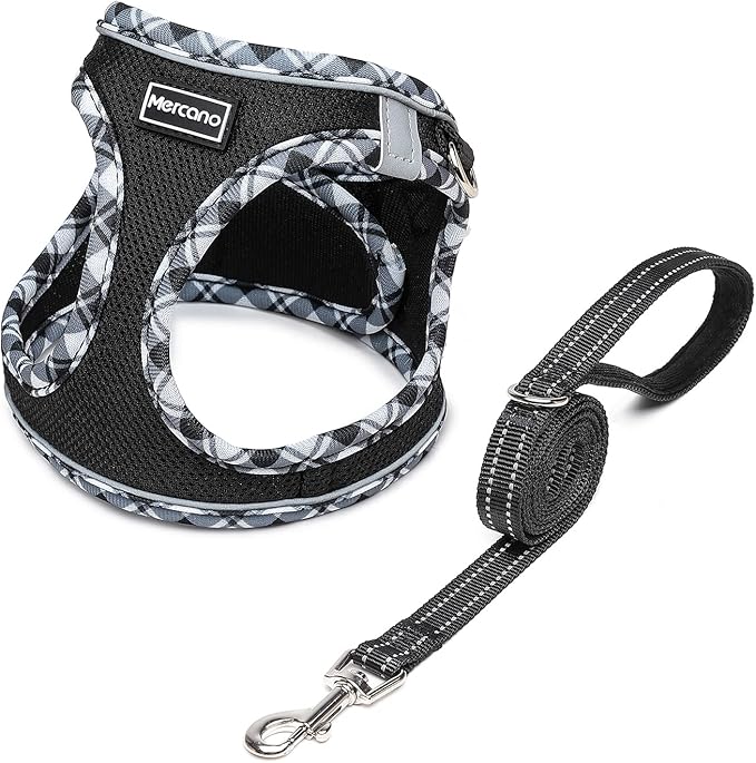 Mercano Soft Mesh Dog Harness and Leash Set, No-Chock Step-in Reflective Breathable Lightweight Easy Walk Vest Harnesses with Safety Buckle for Small Dogs, Cats (Black White, XXS)
