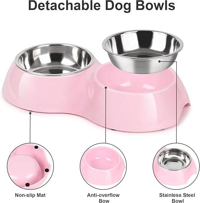 Stainless Steel Dog Bowls Set – Dual Non-Slip Pet Dishes with 2 Small (4oz*2) Bowls & Durable Resin Stand,Food & Water Feeder for Kittens– Pink