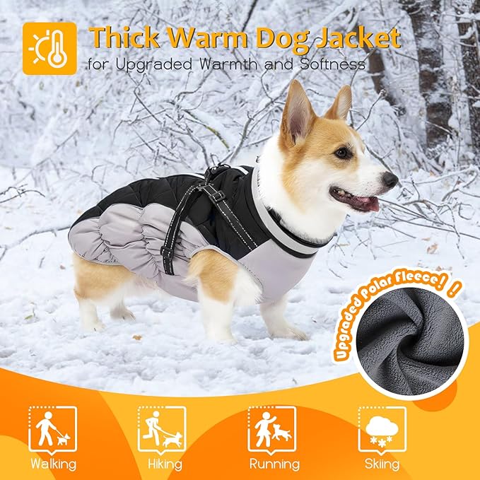 Dog Winter Coat with Harness, Dog Jacket, Pet Clothes with Zipper on Back, Waterproof Windproof Warm Vest, Reflective Cold Weather Coats, for Small Medium Large Dogs, Thick, Black, S