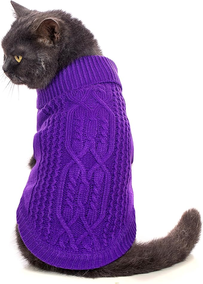 Stretchy Cat Sweater - 17 Colors & 6 Sizes | Snug Winter-Ready Knit for Boy/Girl Cats & Kittens(Deep Purple, Large)