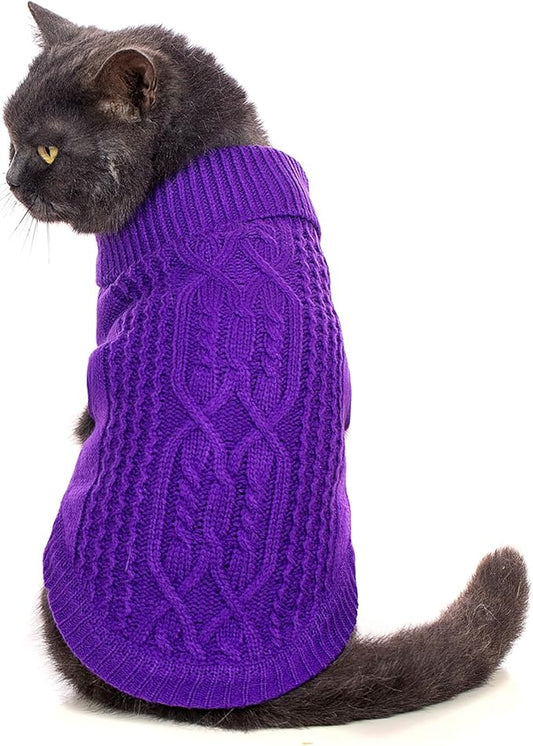 Stretchy Cat Sweater - 17 Colors & 6 Sizes | Snug Winter-Ready Knit for Boy/Girl Cats & Kittens(Deep Purple, Large)