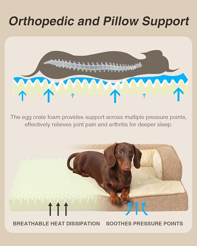 KSIIA Washable Dog Bed Medium Size Dog U-Shaped Bolster Pet Couch with Removable Waterproof Cover, Non-Slip Bottom and Egg-Crate Orthopedic Foam Pet Bed, 35 x 22 Inch, Brown