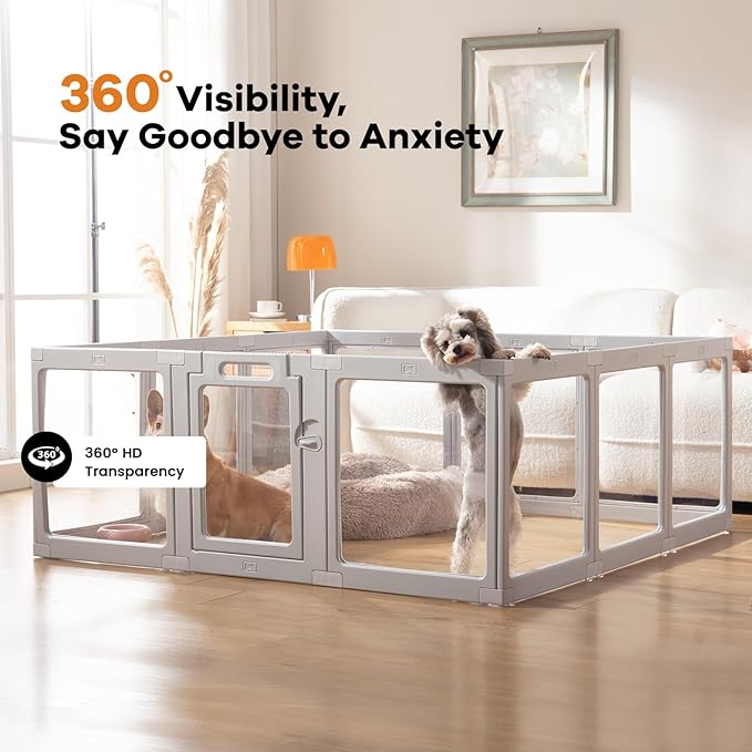 Clear Acrylic Dog Playpen Indoor, Puppy Cat Small Pet Play Pen, Pet Cat Foldable Playpen for Rabbits, Dog Fence Crate Kennel Whelping Cage (Grey, 10 Panel)