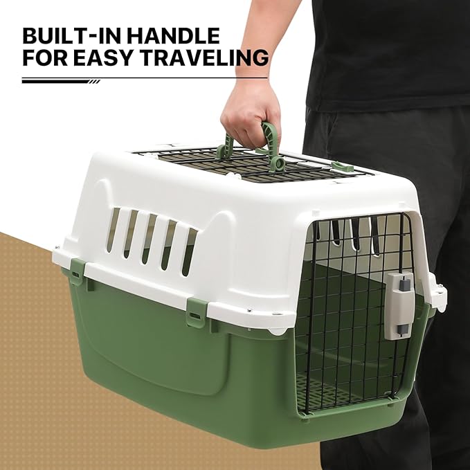 MoNiBloom 22-Inch Dog Crate Plastic 2-Door Top Loading Cat Carrier, Hard-Sided Dog Travel Carrier for Small Dogs and Cats, Ventilation and Security Lock Design for Pets up to 22 lbs (Green)