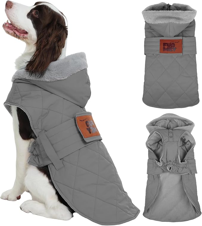 FUAMEY Dog Winter Coat Waterproof Large, Warm Dogs Jackets Fleece Lined for Chilly Morning Walks, Adjustable Pups Outfits Easy On with Hook & Loop, Puppy Snowsuit (Gray, L)