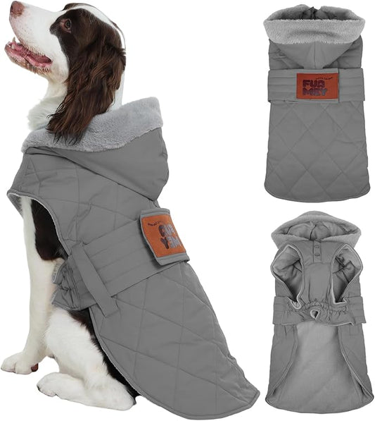 FUAMEY Dog Winter Coat Waterproof Large, Warm Dogs Jackets Fleece Lined for Chilly Morning Walks, Adjustable Pups Outfits Easy On with Hook & Loop, Puppy Snowsuit (Gray, L)