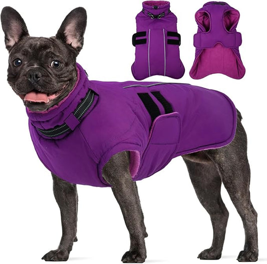 Dog Coat for Large Dogs Waterproof Winter Jacket with Harness Built-in Reflective Adjustable Hook&Loop Snowsuit for Dogs Bulldog Pitbull, XL Purple