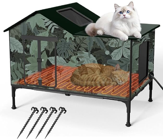 Heated Cat House for Outside in Winter, Weatherproof & Insulated Large Cat Shelter with Heated Cat Bed and 2 Safe Escape Doors for Multiple Stray/Feral Cats(Leaf Pattern, 27.6"x19.3"x21.3")