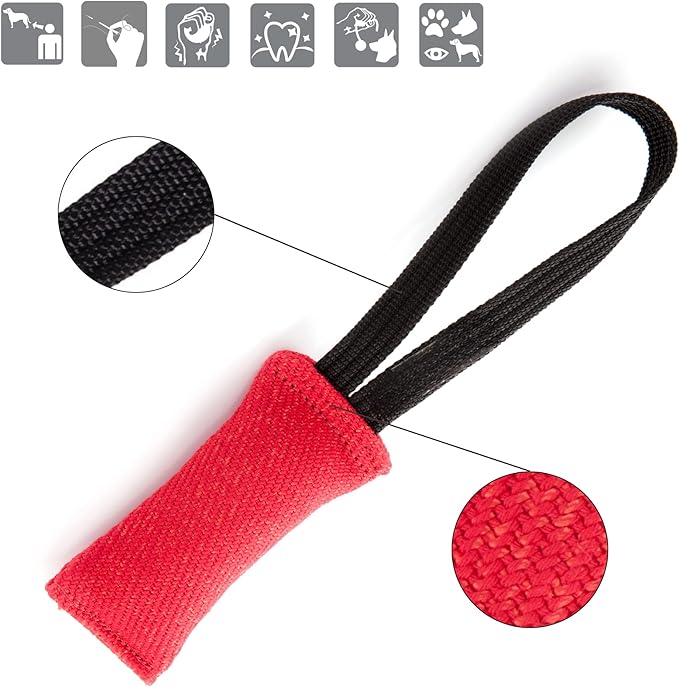 Dingo Gear French Linen tug Toy for Dog, Dog Bumper for Training, Agility, tug of war, Dog bite Pillow for Strong Dog, 1handle 6" red S00059