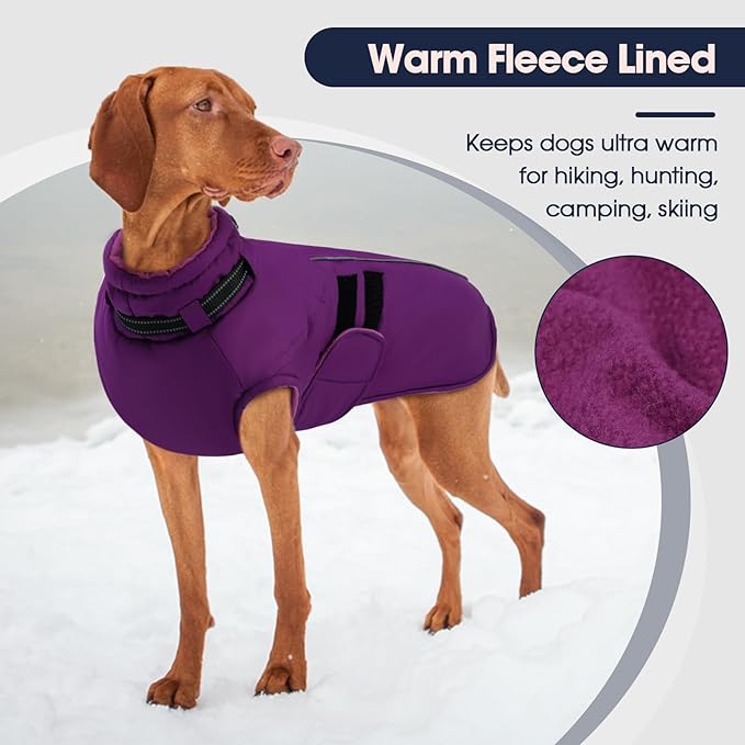 IECOii Winter Dog Coats for Large Dogs, Dog Snow Jacket with Built in Collar & Reflective Strips, Warm Windproof Fleece Dogs Jacket for Cold Weather, Adjustable Easy On Pet Snowsuit, Purple - XL