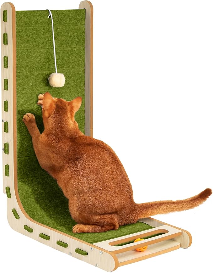 L Shaped Cat Scratcher with Ball Toy Felt Standing Cat Scratching Board for Indoor Cats Adults Vertical Scratch Pad Furniture Protector Kitten Toys 26.8 Inch-Green