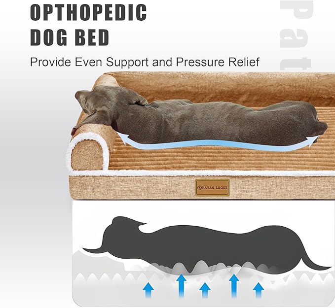 Patas Lague Orthopedic XL Dog Bed Large Sized Dog 42''X28'', Waterproof Comfortable L Bolster Big Large Non-Slip Soft Warm Pet Crate Bed Sleep Sofa mat with Removable Washable Cover, Brown