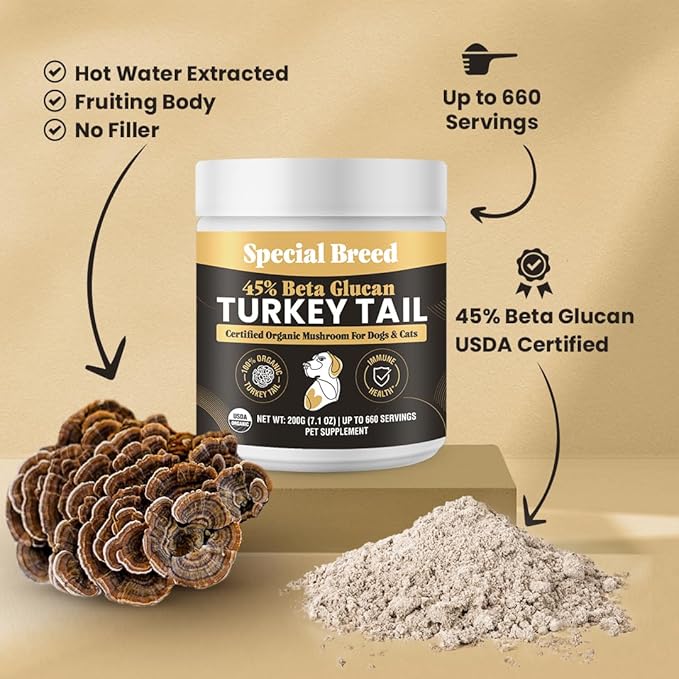 Organic Turkey Tail Mushroom for Dogs & Cats - Hot Water Extracted 45% Beta-Glucan USDA Mushroom Powder for Immune Support, Gut Health, Holistic Defense - No Fillers, Made in The USA - 660 Scoops