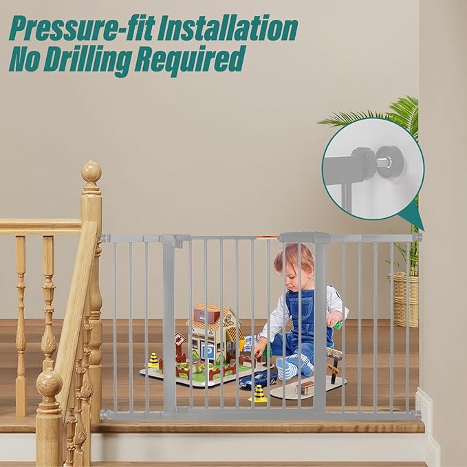 29-57" Dog Gates for Doorways No Drilling, Pet Gate Indoor, 30" Tall Metal Walk-Thru Gate, Easy One-Hand Open, Extensions & Wall Mounts Included (Gray, 57" W x 30.5“H)