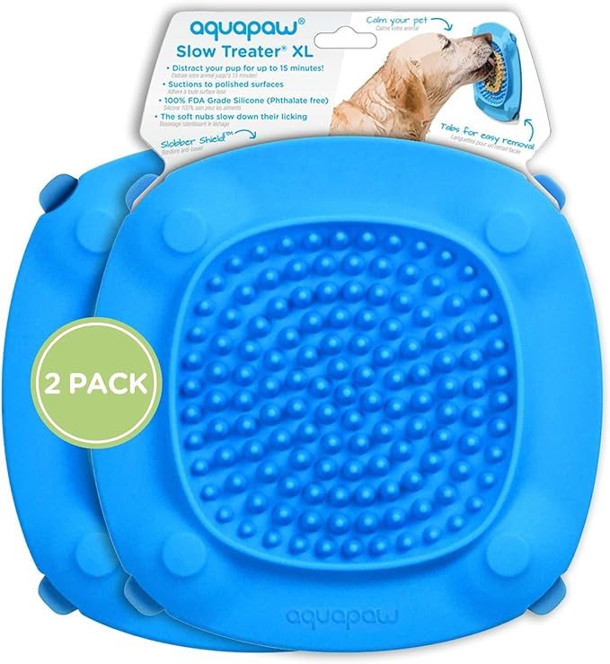 Aquapaw Dog Bath Lick Mat - 2-Pack, XL, Blue - Slow Feeder Mat & Dog Treat Container with Suction Cup - Shower Peanut Butter Holder & Bathing Distraction Aid