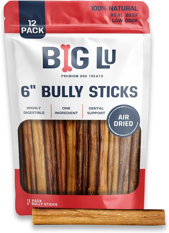 Big Lu - 6” Regular Bully Sticks, 12 Count, 100% Grass-Fed Beef Chews, Fully Digestible, Long-Lasting Treats for Aggressive Chewers, Natural Single-Ingredient Chews for Puppies and Small Dogs