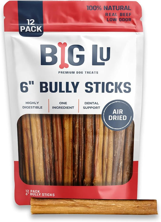 Big Lu - 6” Regular Bully Sticks, 12 Count, 100% Grass-Fed Beef Chews, Fully Digestible, Long-Lasting Treats for Aggressive Chewers, Natural Single-Ingredient Chews for Puppies and Small Dogs