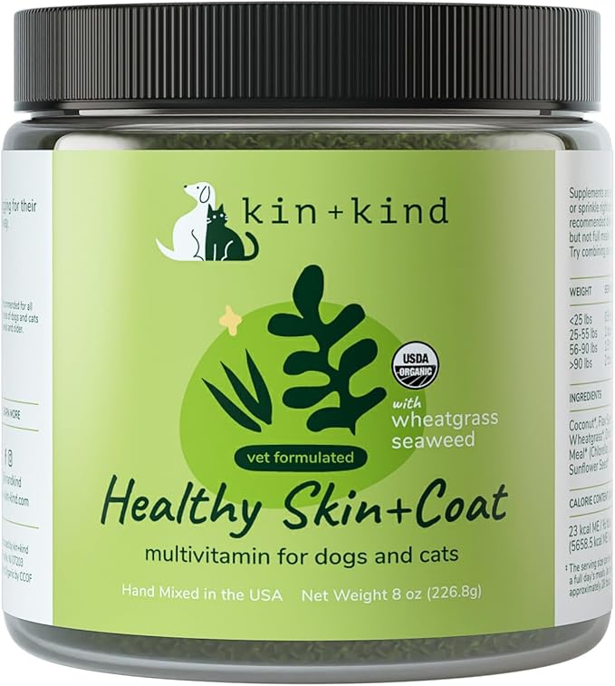 kin+kind Organic Multivitamin for Dogs & Cats - Pet Supplement for Healthy Skin and Coat - Safe, Natural Formula with Wheatgrass, Kelp, Seaweed and Coconut - Made in USA - 8 oz (Large)