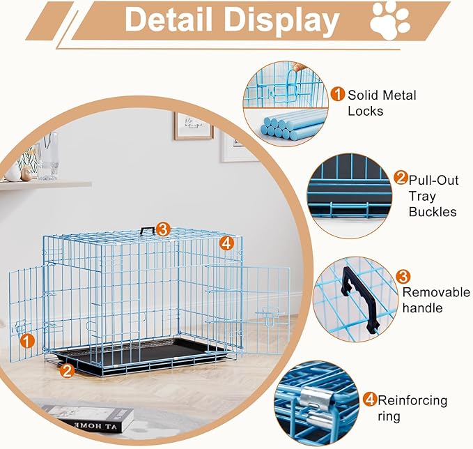 FDW 24inch Dog Crate Pet Cage with Metal Folding Design Plastic Tray Indoor Outdoor Dog Kennel Cage for Small Dogs,Blue