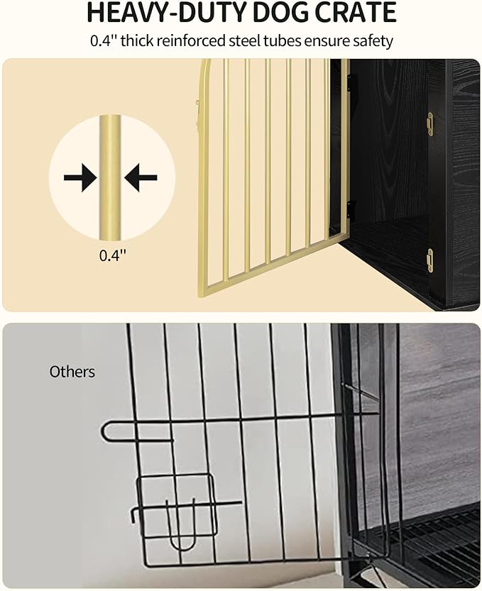 44.1" Wooden Dog Crate Furniture, Indoor Dog Kennel Dogs Cage for Small/Medium/Large Dogs, Heavy Duty Dog Crates Decorative Pet House End Side Table TV Stand, Black Gold DFC83904A