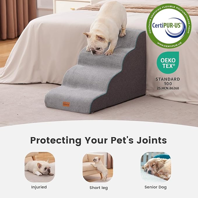 Gardner Pet Dog Stairs for Small Dogs 19.7" H, Curved 4-Step Pet Stairs, Dog Steps for High Bed (18-24 in), Couch with Durable Non-Slip Waterproof Fabric Cover and CertiPUR-US Certified Foam