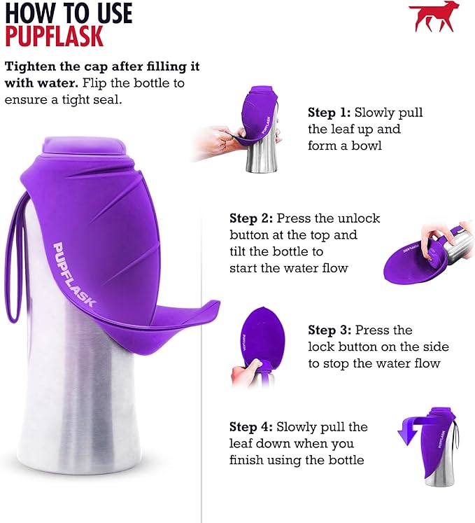 PupFlask Large Dog Water Bottle | 27 or 40 OZ Stainless Steel | Convenient Dog Drink Dispenser | Puppy Travel Water Bowl | Portable Pet Hydration Bottle | Leak Proof | Perfect Size For All Breeds