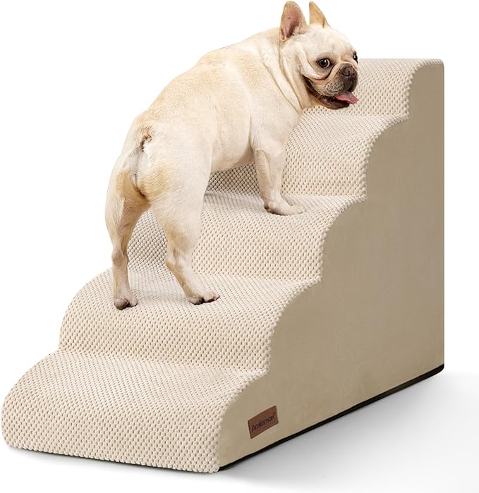 Dog Stairs for High Bed,5 Step Dog Ramp for Small and Medium Dogs,Pet Stairs with Non-Slip Bottom for Puppy, Older Cat,Indoor Pet Steps,Comfort,Durable,22.4" H,Beige