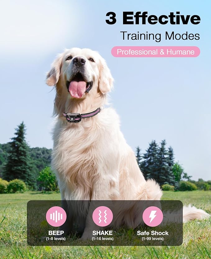 Bousnic Dog Shock Collar - 3300Ft Dog Training Collar with Remote for 5-120lbs Small Medium Large Dogs Rechargeable Waterproof e Collar with Beep (1-8), Vibration(1-16), Safe Shock(1-99) (LightPink)