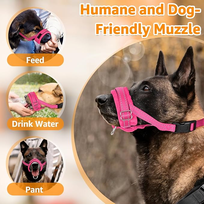 SlowTon Soft Dog Muzzle, Adjustable Padded Nylon Muzzle for Large Medium Dogs Anti Chewing Barking Biting, Allow Dog Pant & Drink (Fuchsia, L)