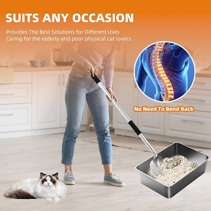 Metal Cat Litter Scoop - 32in Metal Deep Shovel - Removable Stainless Steel - No Bending Back Heavy Duty Cat Litter Scoop - Non-Stick Long Handle Cat Litter Scooper