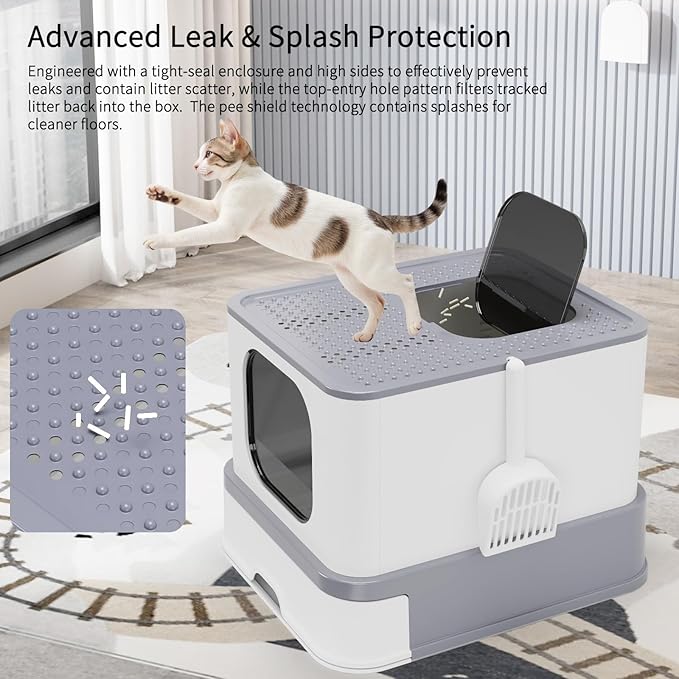 RIZZARI Stainless Steel Litter Box: Large Light Gray Enclosed Odor Control Litter Pan with Easy Clean Design for Multi-Cat Homes - Big Cats & Apartments