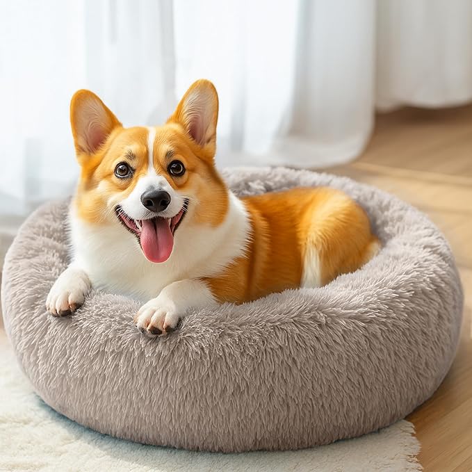 28in Large Dog Bed, Medium Size Dog and Cats, Calming Donut Bed for Puppy and Kitten, Washable Round Fluffy Pet Bed (Brown)