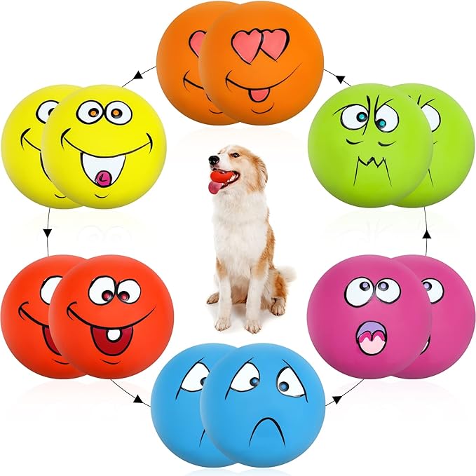 Hungdao 12 Pcs Squeaky Dog Toys Latex Rubber Squeaky Ball Smile Face Emoticon Dog Toys Chewing Interactive Ball Bulk Puppy Lovers Gift for Small Medium Pets Doggie Training(Lively Style)