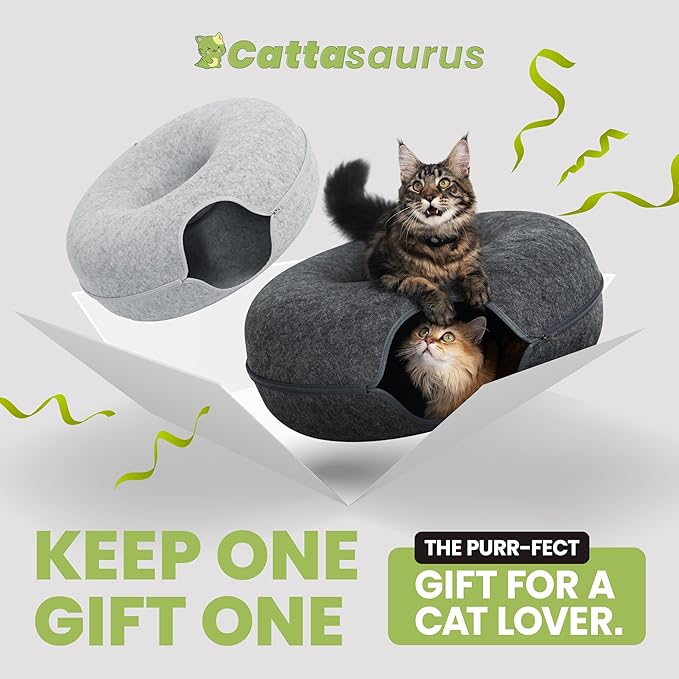 Cattasaurus Peekaboo Cat Cave, Extra Spacious for Multiple & Large Cats 12+ lbs, Scratch Detachable Beds for Indoor Cats, Washable Tunnel Bed, Comfy Cat Donut Tunnel (Light Gray+Dark Gray, Jumbo)
